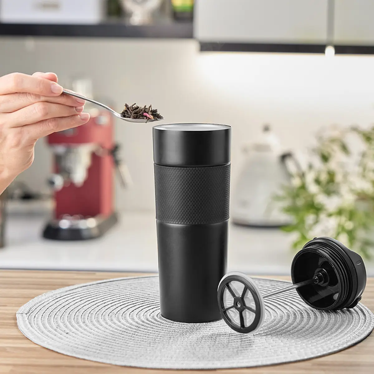Kubek termiczny z french press Aspet 450 ml, czarny